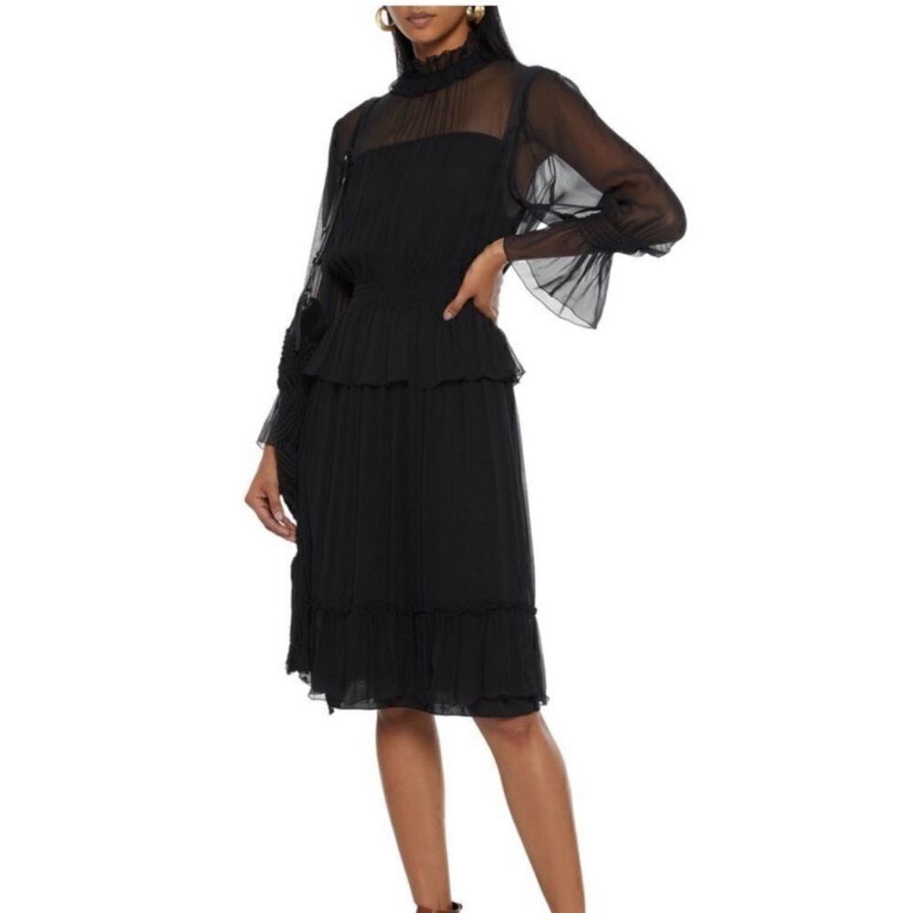 See By Chloe Shirred Silk-Georgette Black Peplum Dress - Size FR 36 / US 4